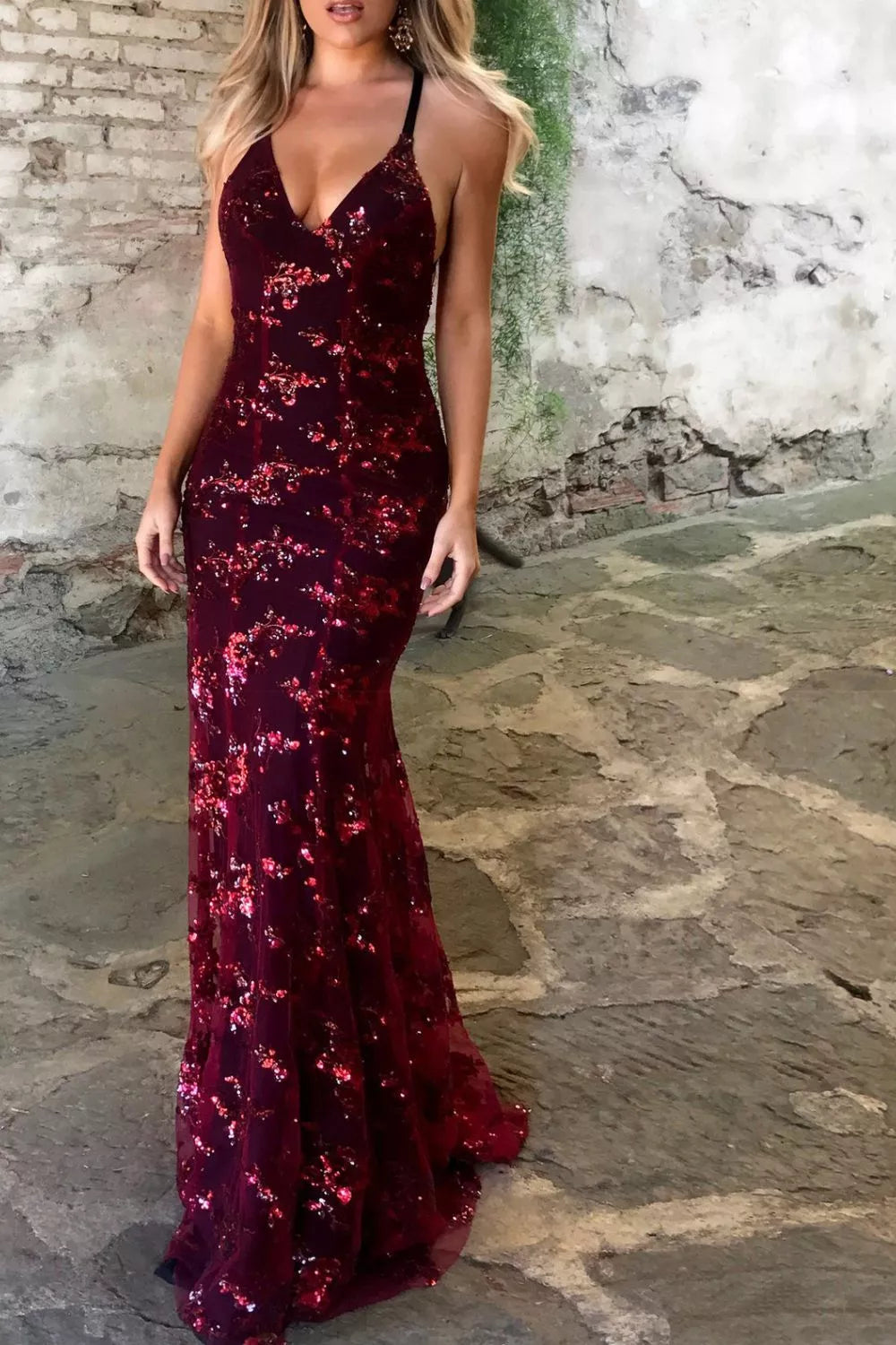 Sequin Tie-Back V-Neck Maxi Dress
