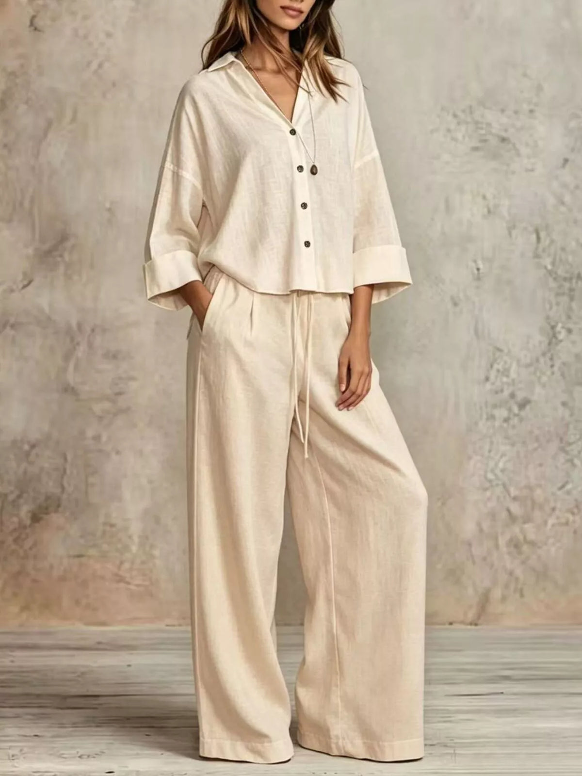 Button-Down Shirt and Wide-Leg Pants Set