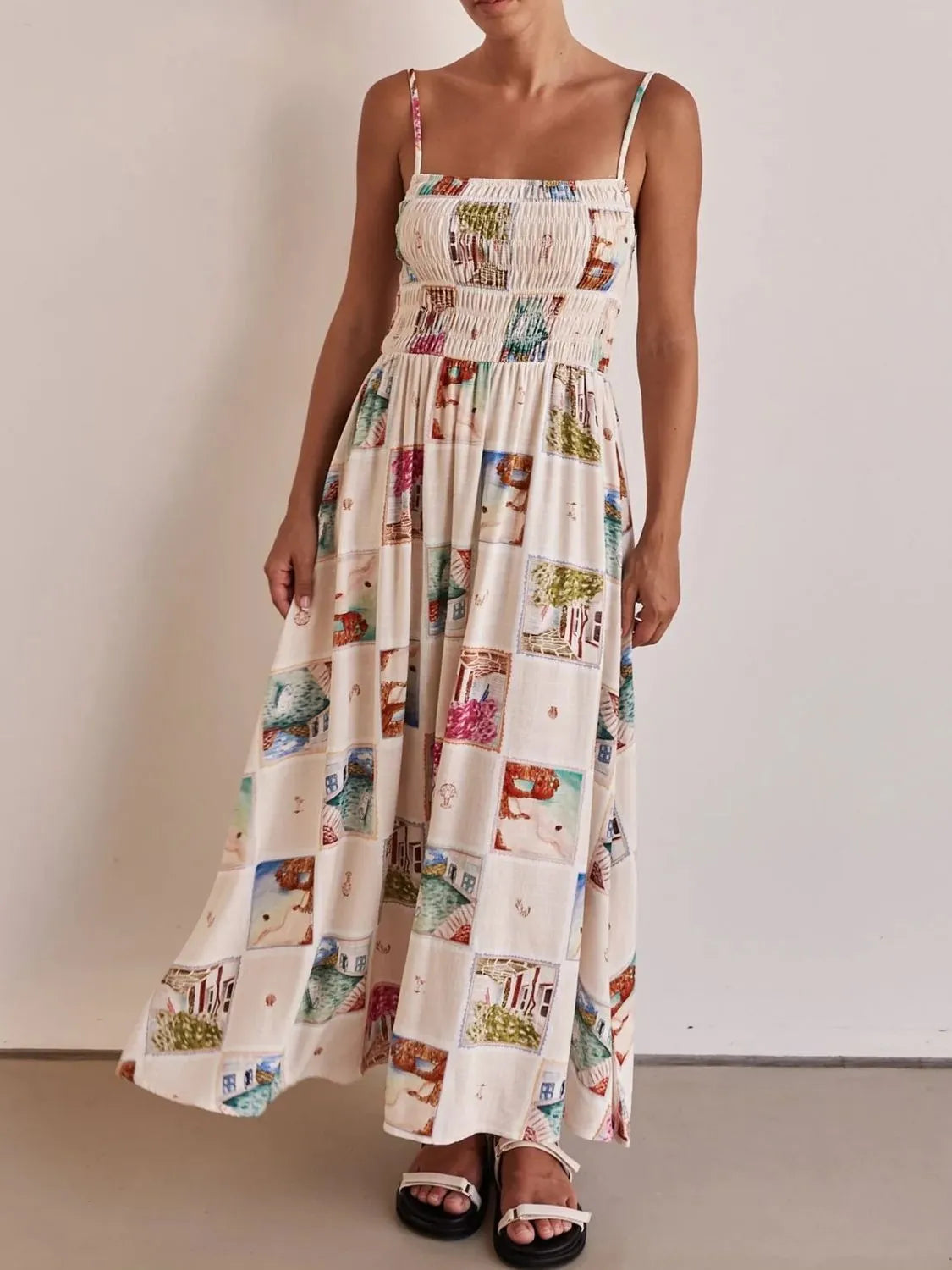 Smocked Square-Neck Cami Dress in Multicolor