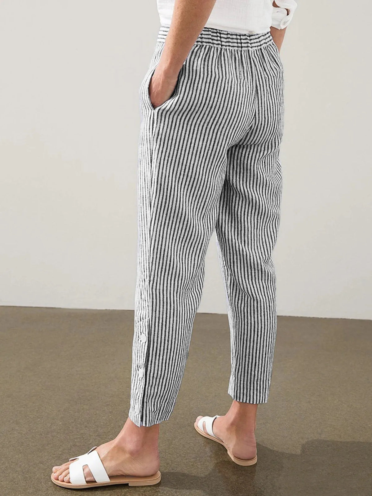 Striped Side-Button Detail Pants