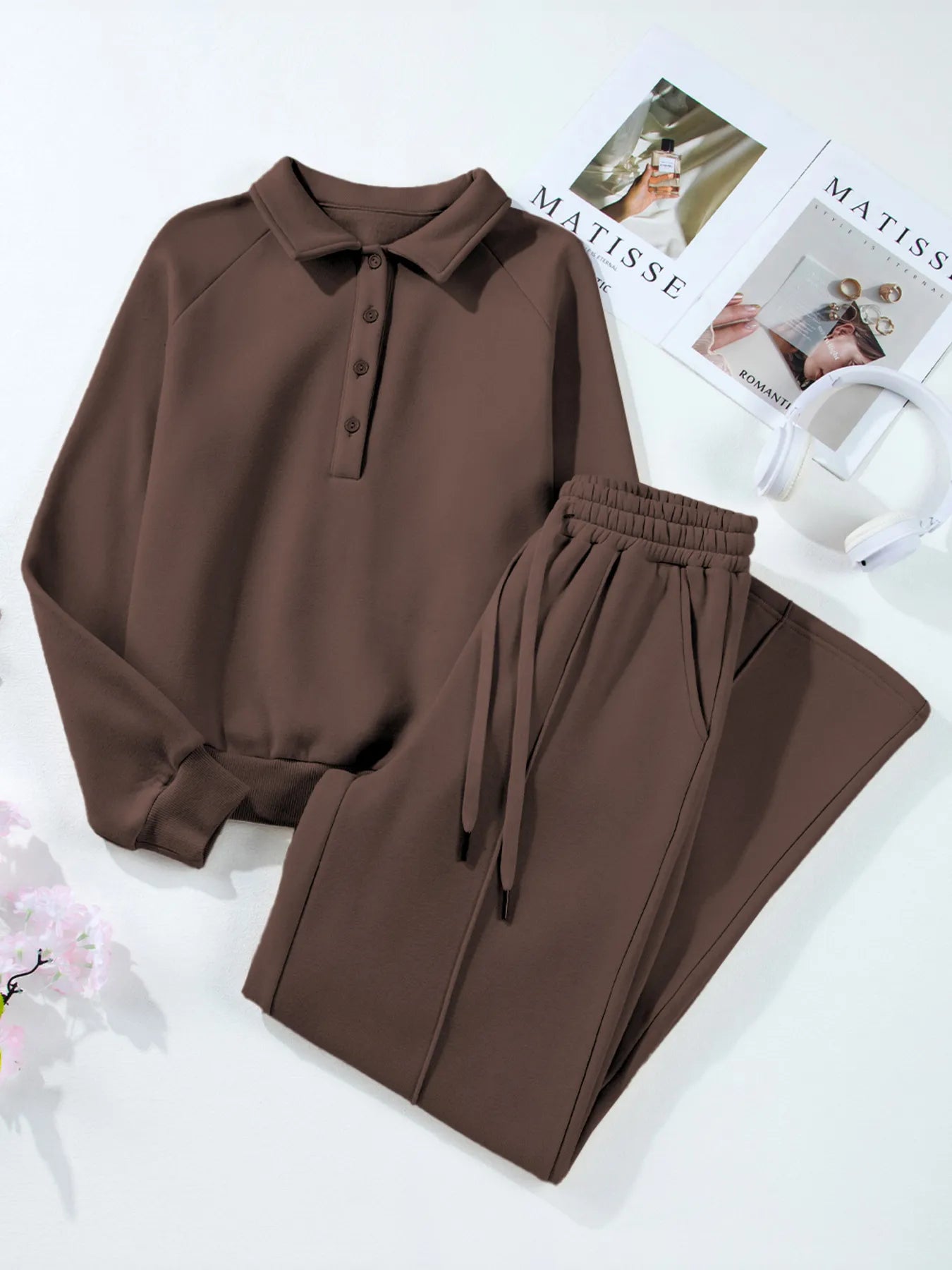 Collared Sweatshirt and High-Waist Pants Active Set