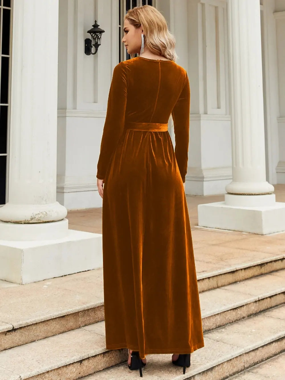 Tie-Front Round-Neck Long-Sleeve Maxi Dress