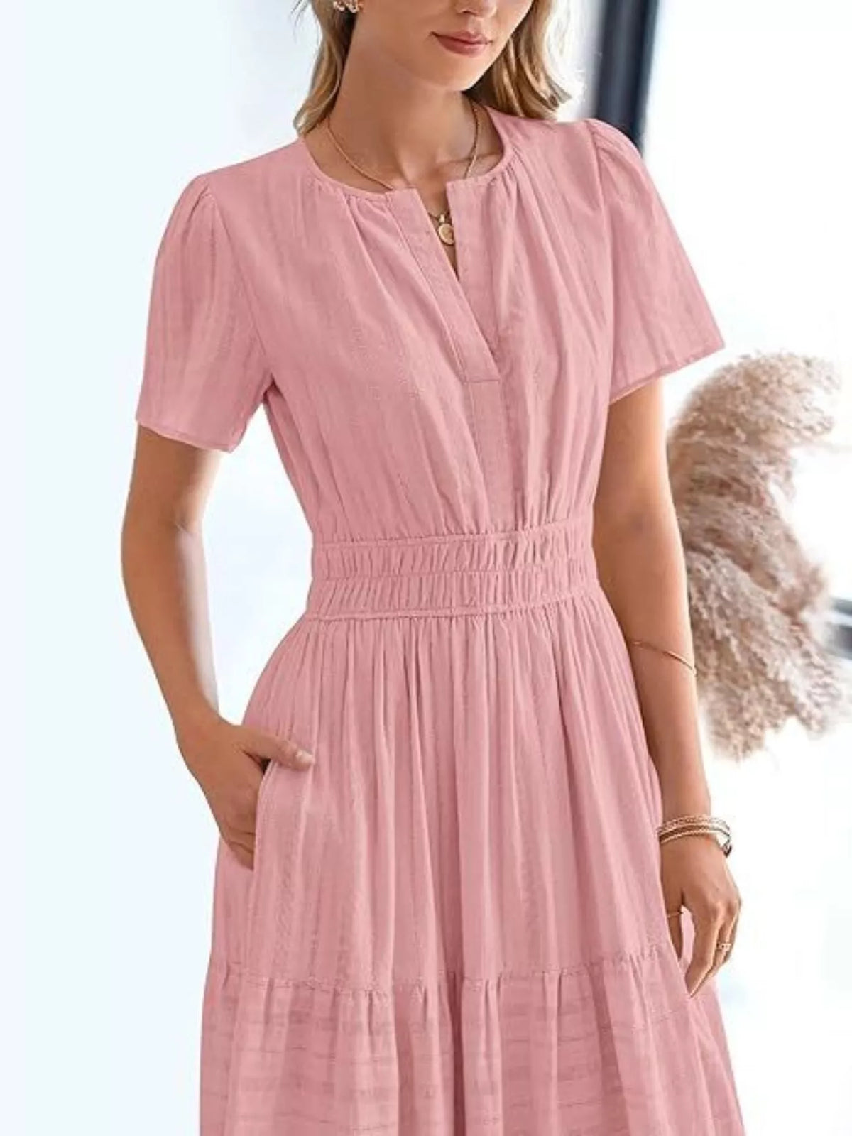 Short Sleeve Tiered Midi Dress with Pockets