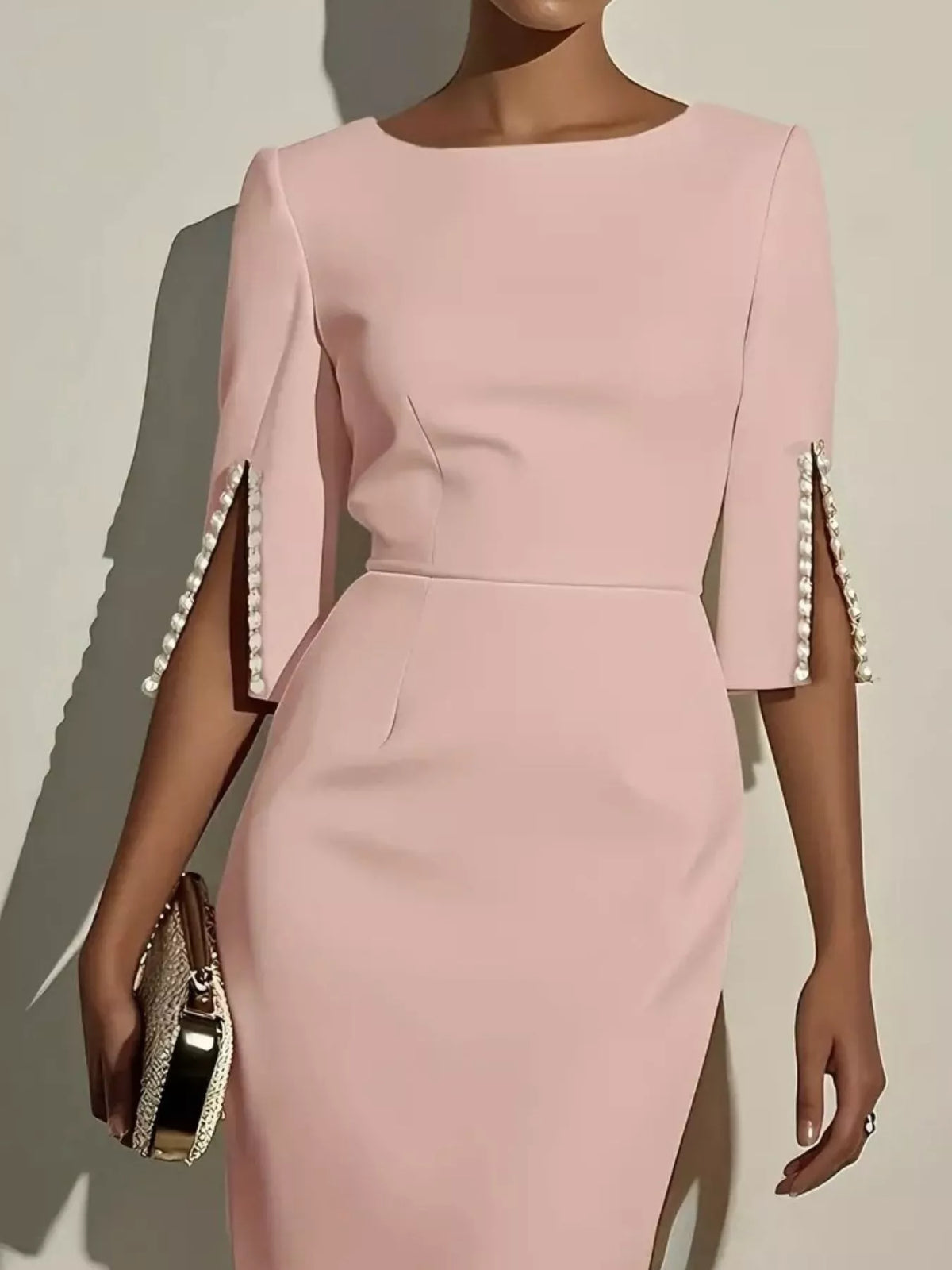Beaded Slit-Sleeve Slim-Fit Midi Dress