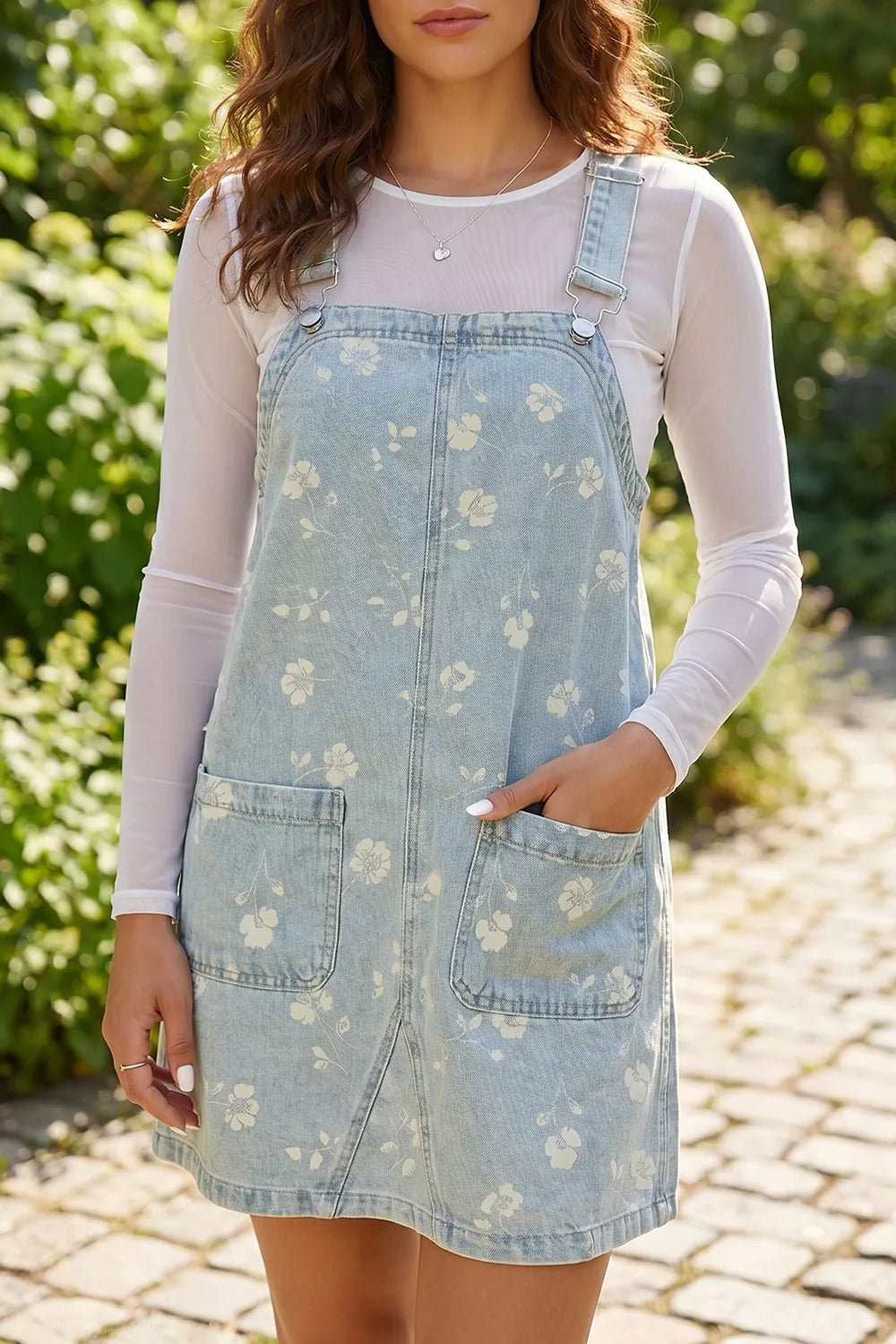 Floral Denim Overall Mini Dress in Light Blue