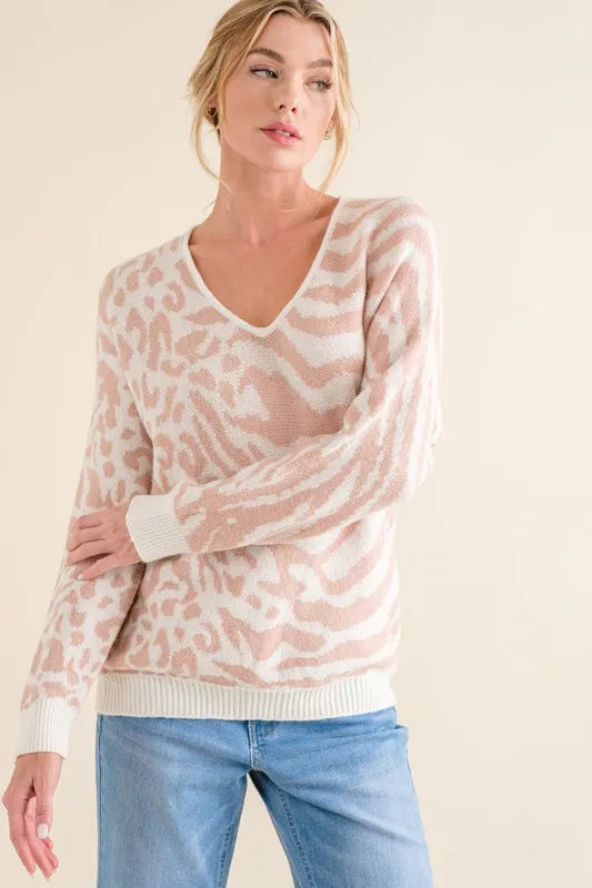And The Why Leopard-Zebra Print Sweater in Pale Pink