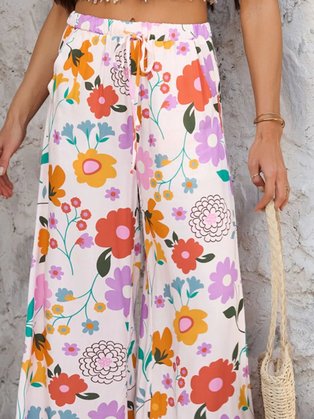 Drawstring Printed Wide Leg Pants