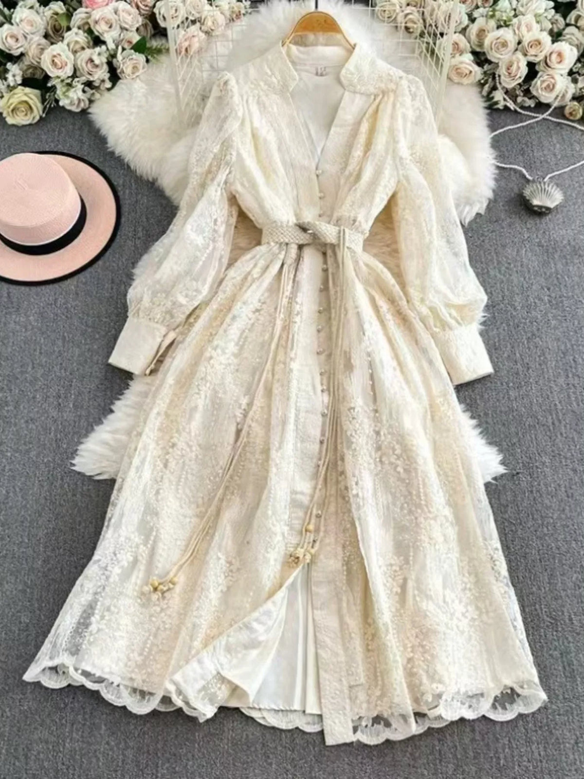 Lace Tie-Waist Long Sleeve Dress