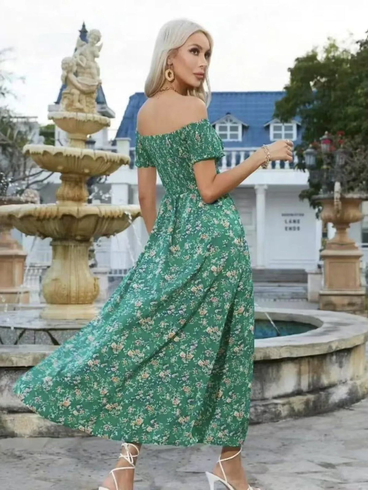 Off-Shoulder Smocked Floral Midi Dress