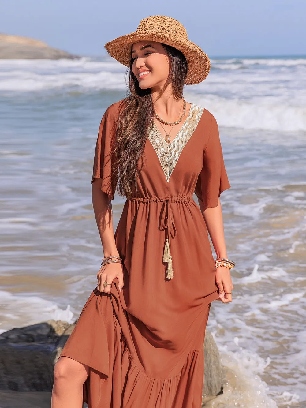 Ruffled Tassel Flutter Sleeve Dress in Terracotta