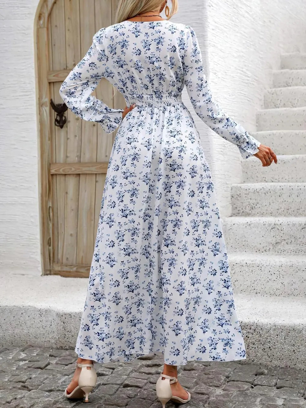 Smocked V-Neck Flounce Sleeve Dress