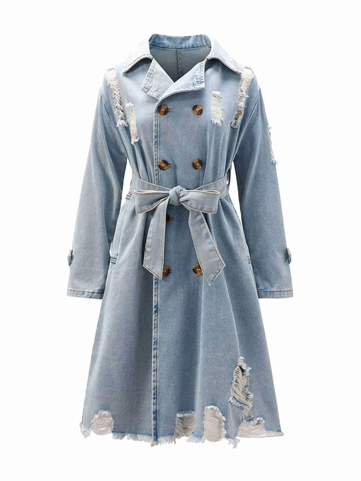 Distressed Double-Breasted Longline Denim Jacket in Light Blue