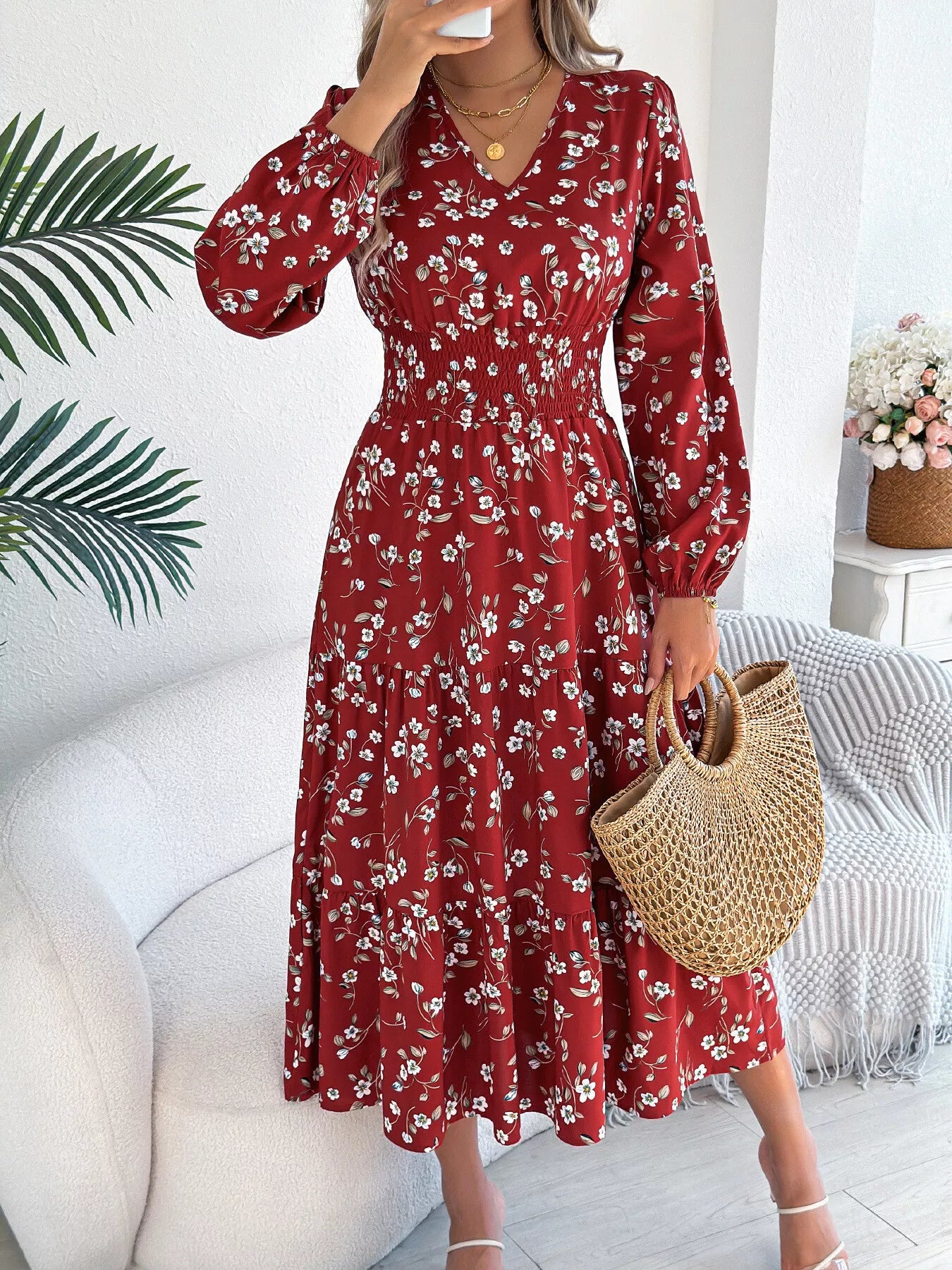 Floral Print Tiered Midi Dress