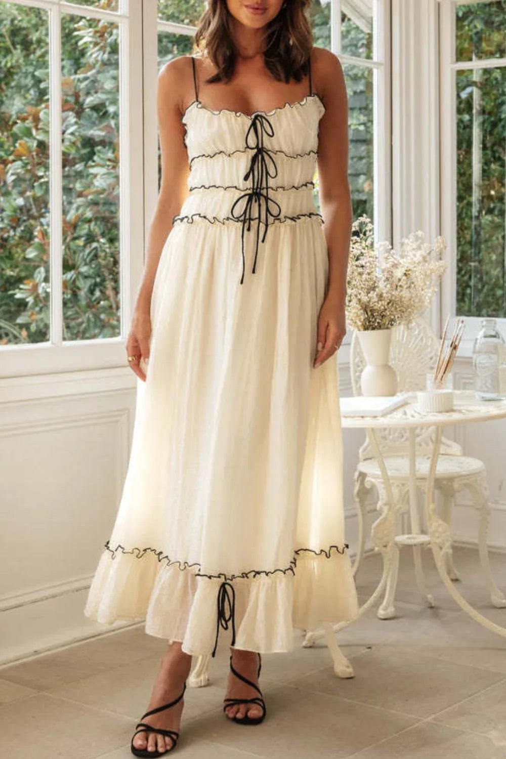 Frill Lace-Up Midi Cami Dress
