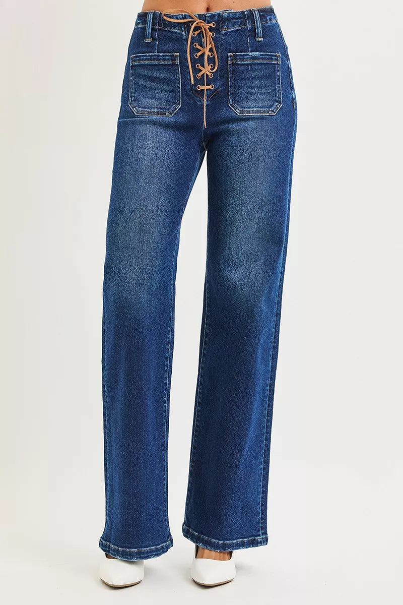 Risen High Rise Wide Leg Jeans with Front Tie in Dark Wash