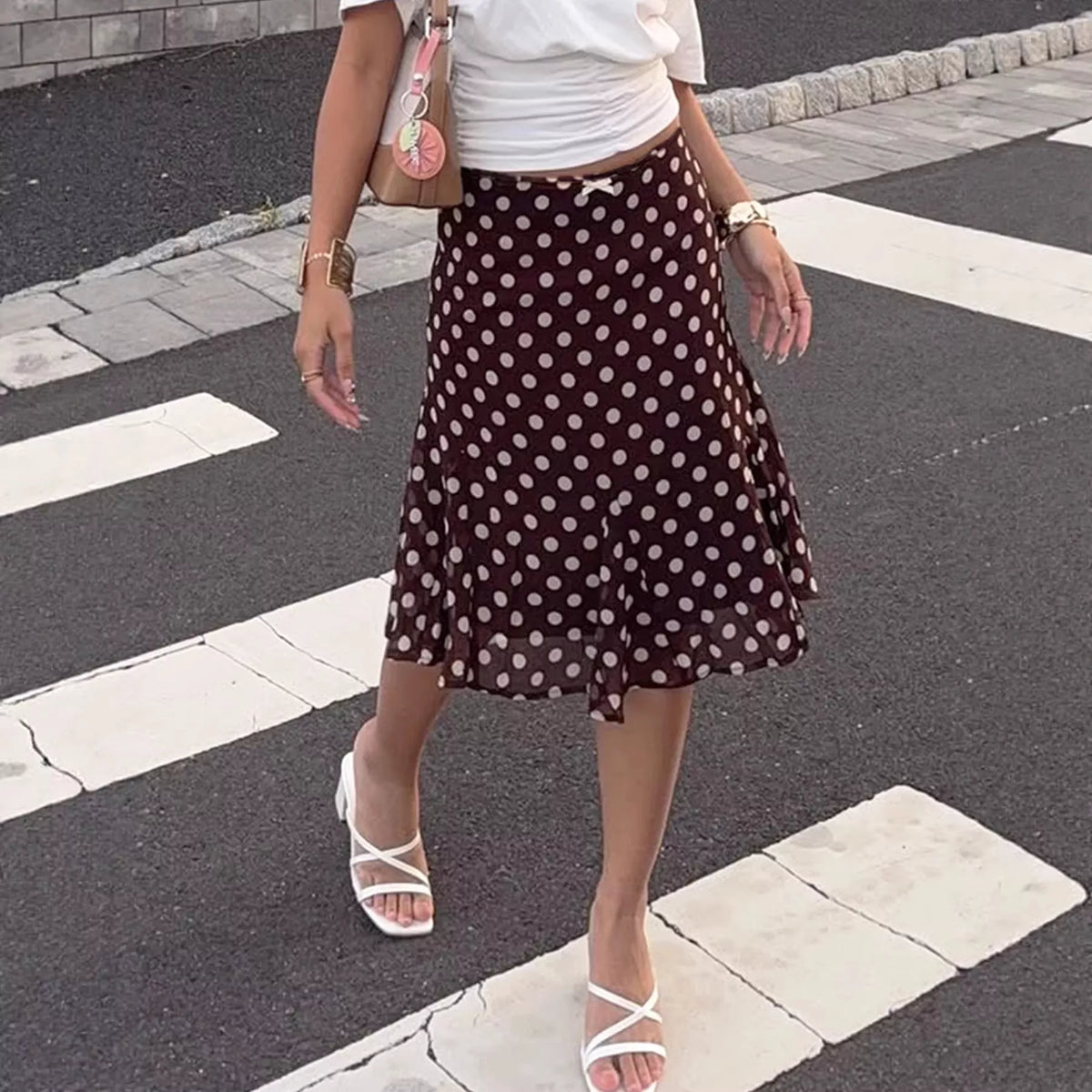 Polka Dot Bow Midi Skirt in Dark Brown