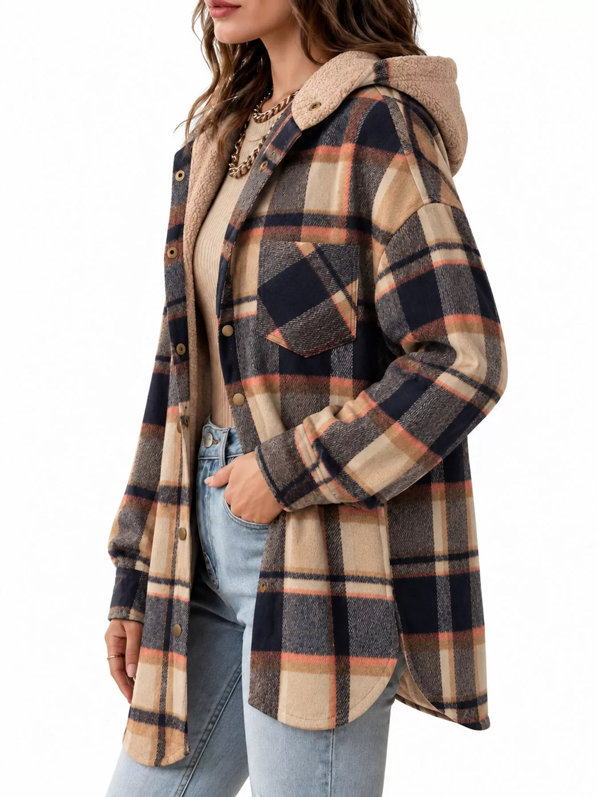 Plaid Hooded Button-Up Jacket