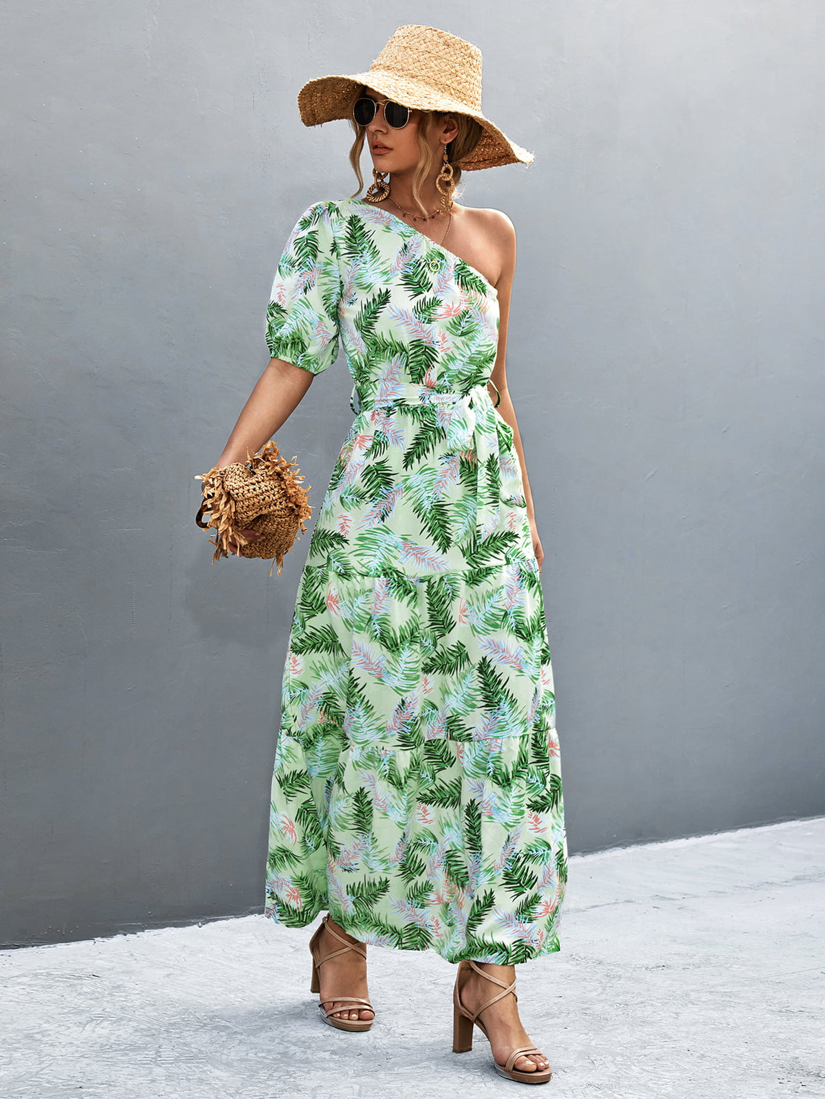 One-Shoulder Tie-Waist Maxi Dress