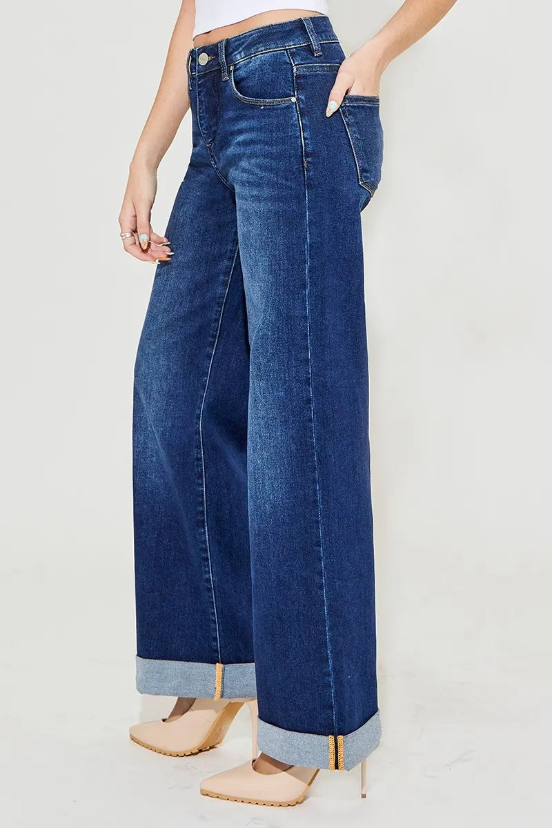 Risen High Rise Wide Leg Cuffed Jeans in Dark Wash