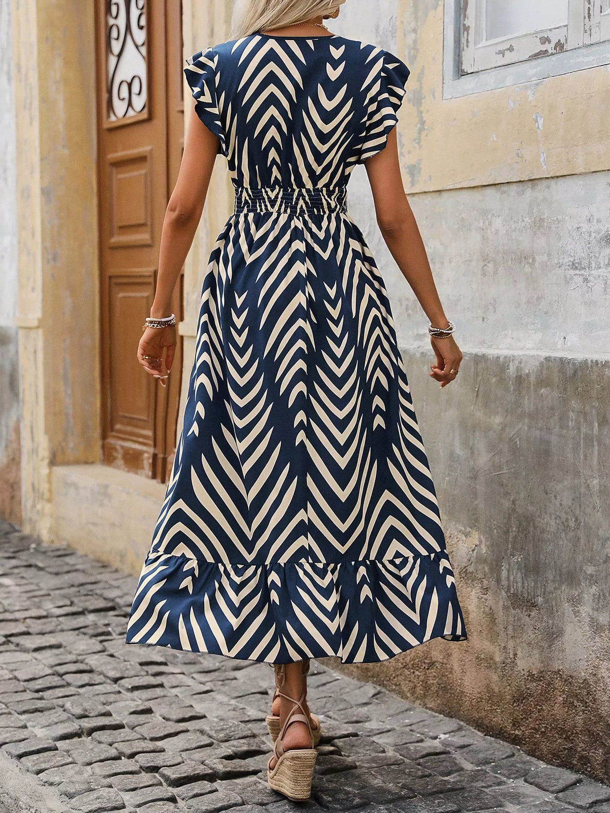 Smocked Cap-Sleeve High-Low Midi Dress