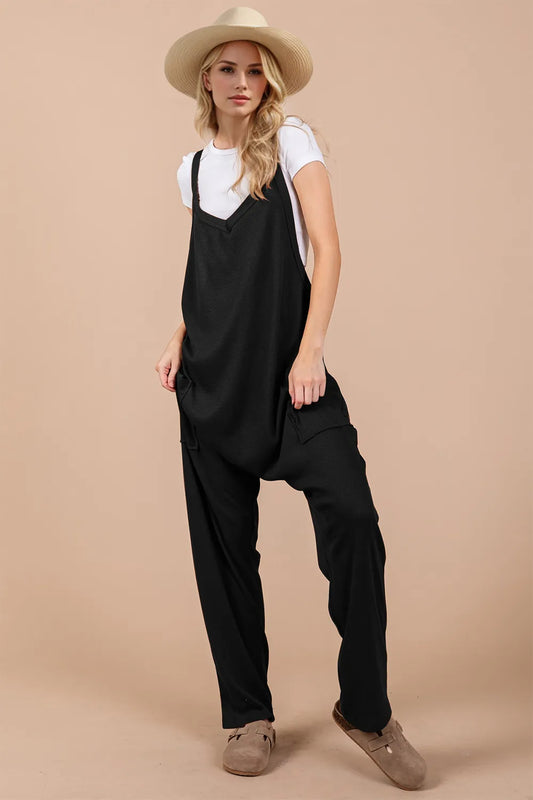 V-Neck Wide Strap Overalls in Black