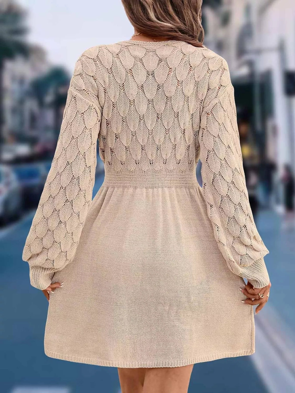 V-Neck Long Sleeve Sweater Dress with Openwork