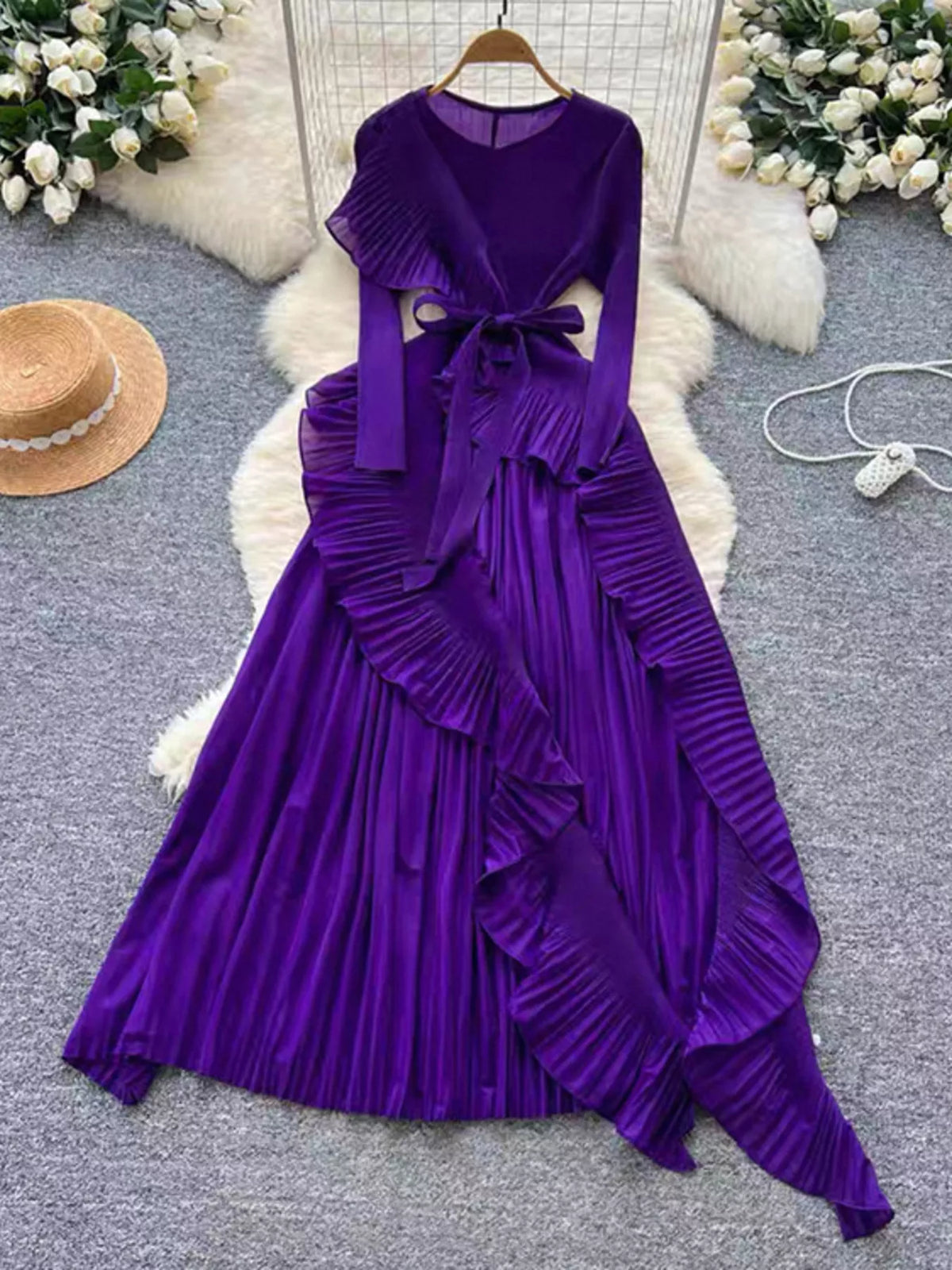 Ruffle-Trim Pleated Midi Dress