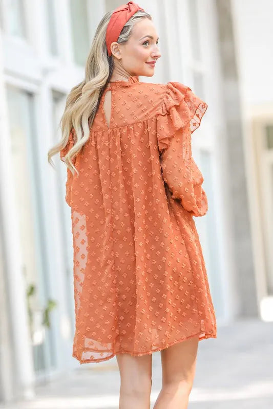 And The Why Ruffle Shoulder Swiss Dot Dress in Camel