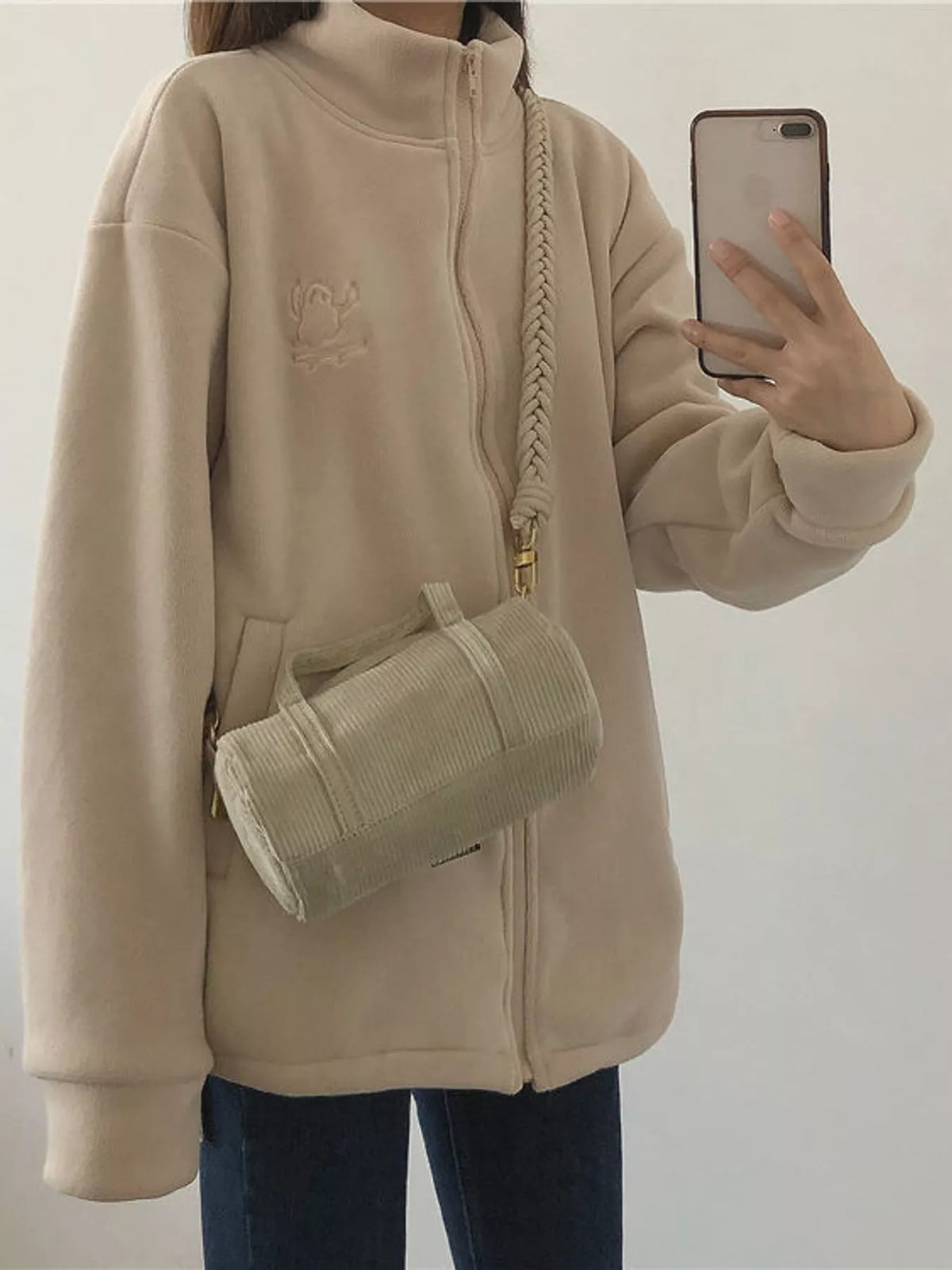 Embroidered Fleece Stand-Collar Jacket