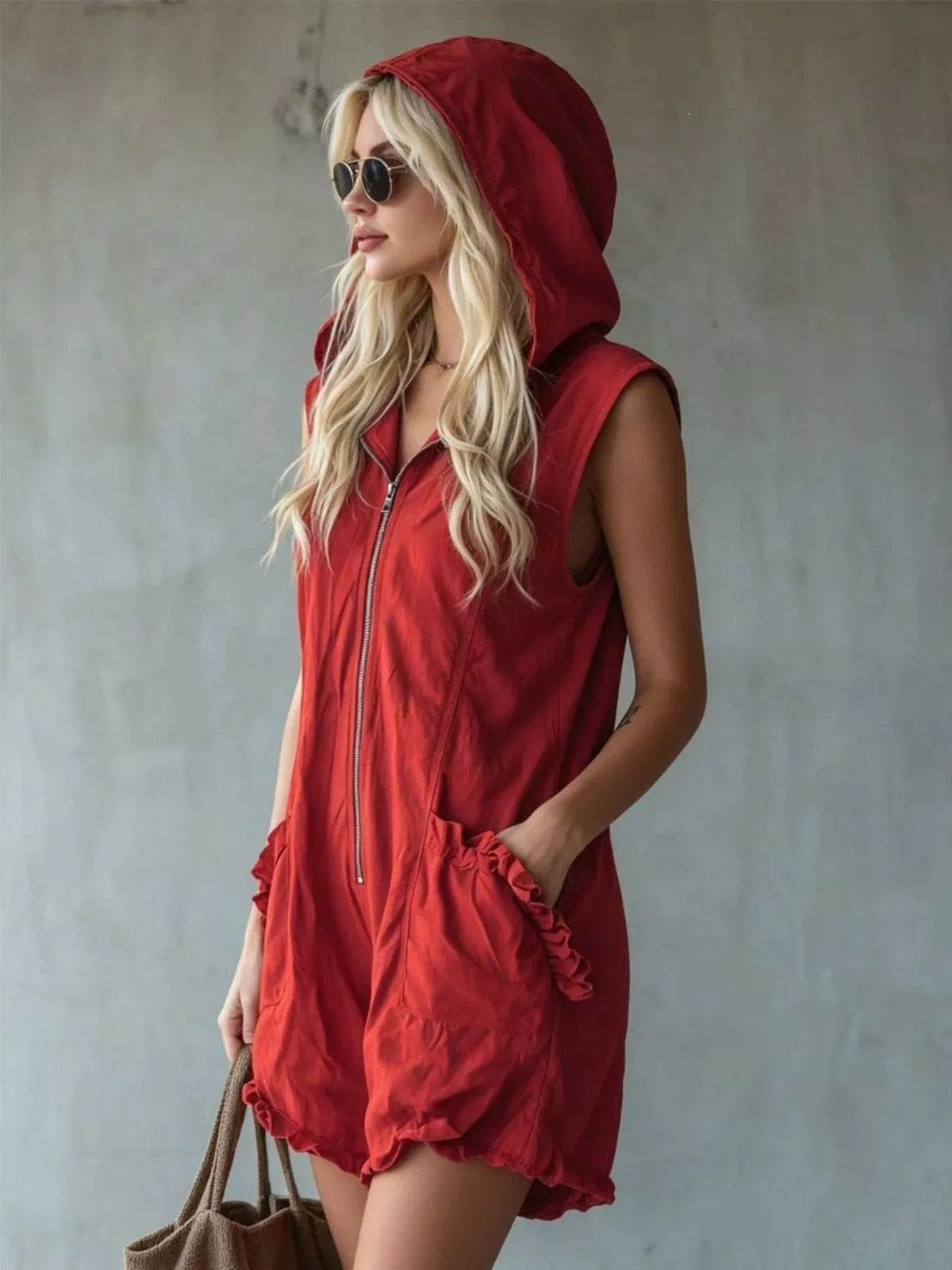 Hooded Zipper Romper with Ruffled Pockets
