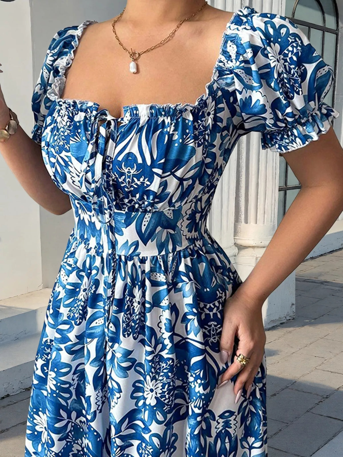Floral Puff Sleeve Maxi Dress in Blue