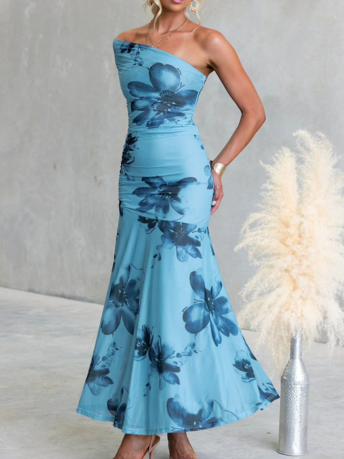 Floral Print One-Shoulder Ruched Maxi Dress in Blue
