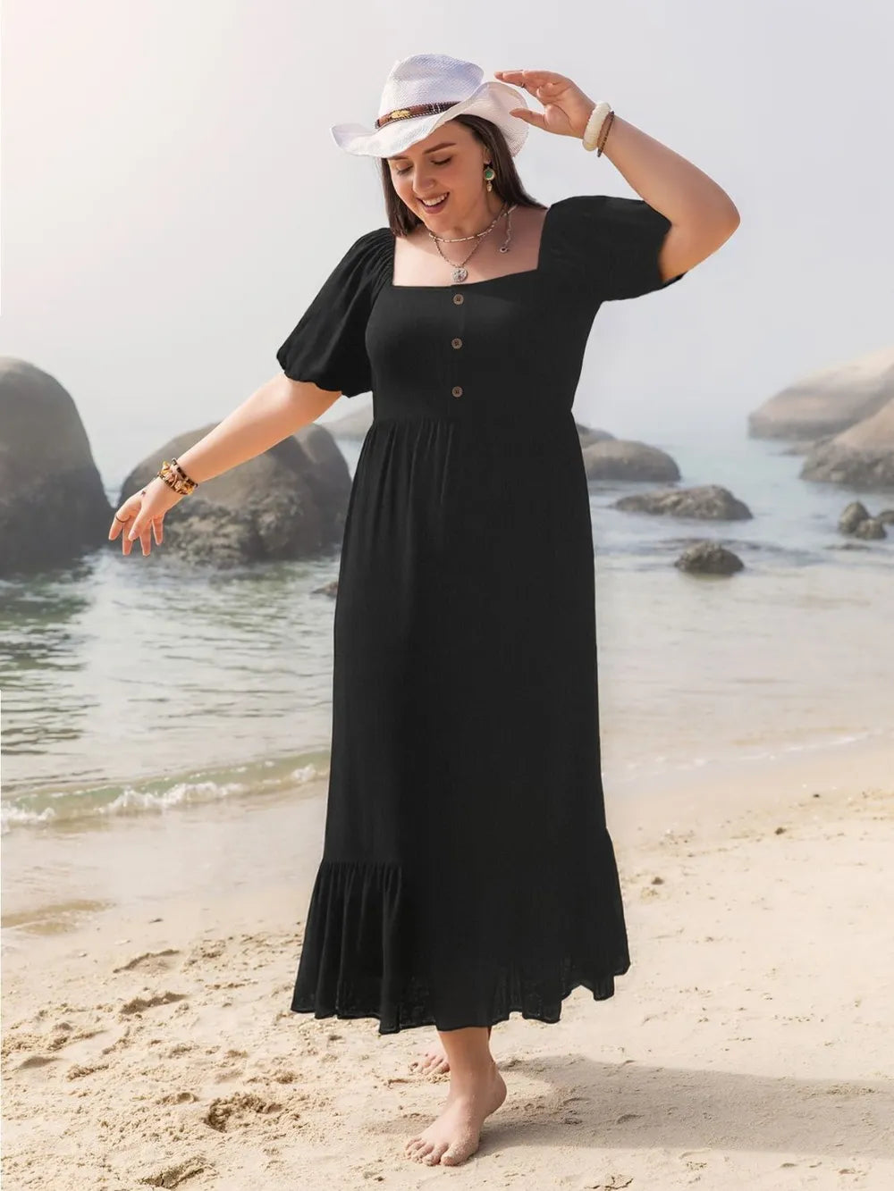 Ruffled Hem Square Neck Dress in Black