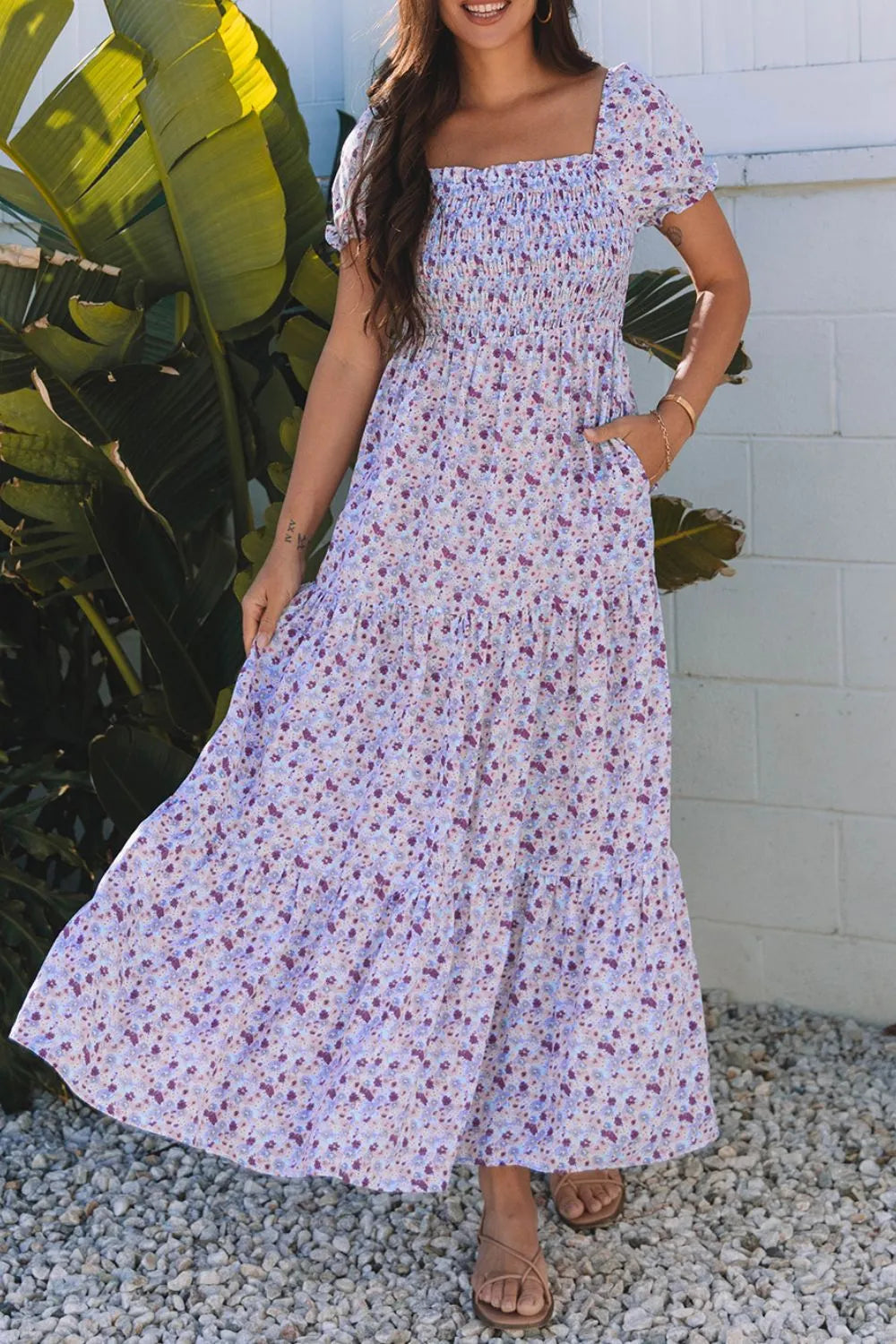 Smocked Tiered Floral Maxi Dress in Lavender