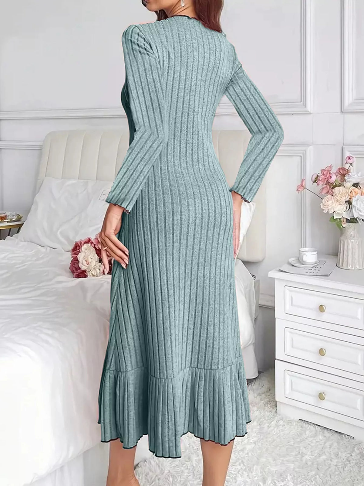 Ribbed Knit Bodycon Dress with Ruffle Hem