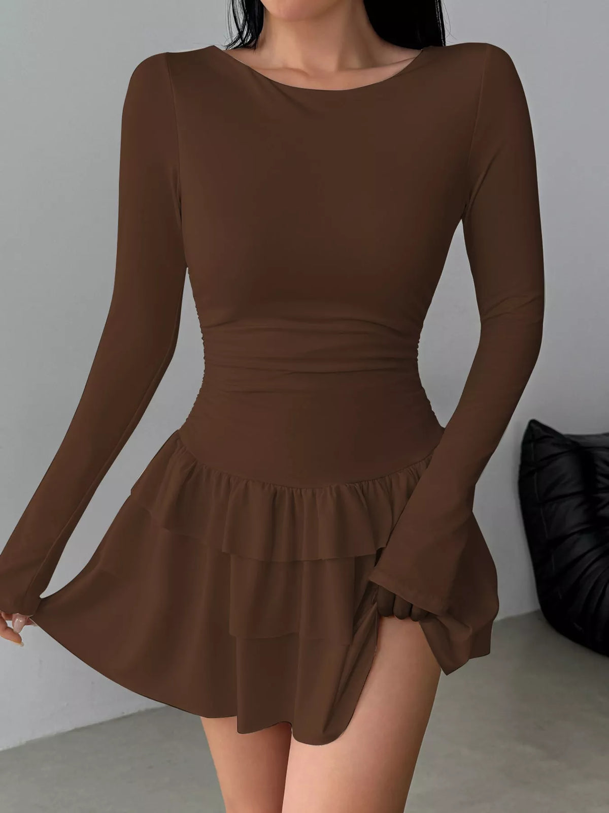 Layered Ruffle Long Sleeve Mini Dress