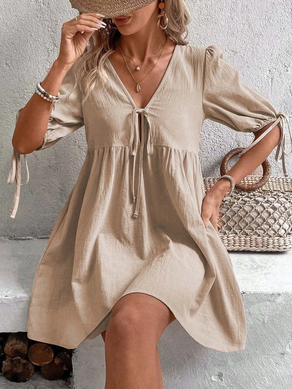 V-Neck Tie-Front Mini Dress with Puff Sleeves