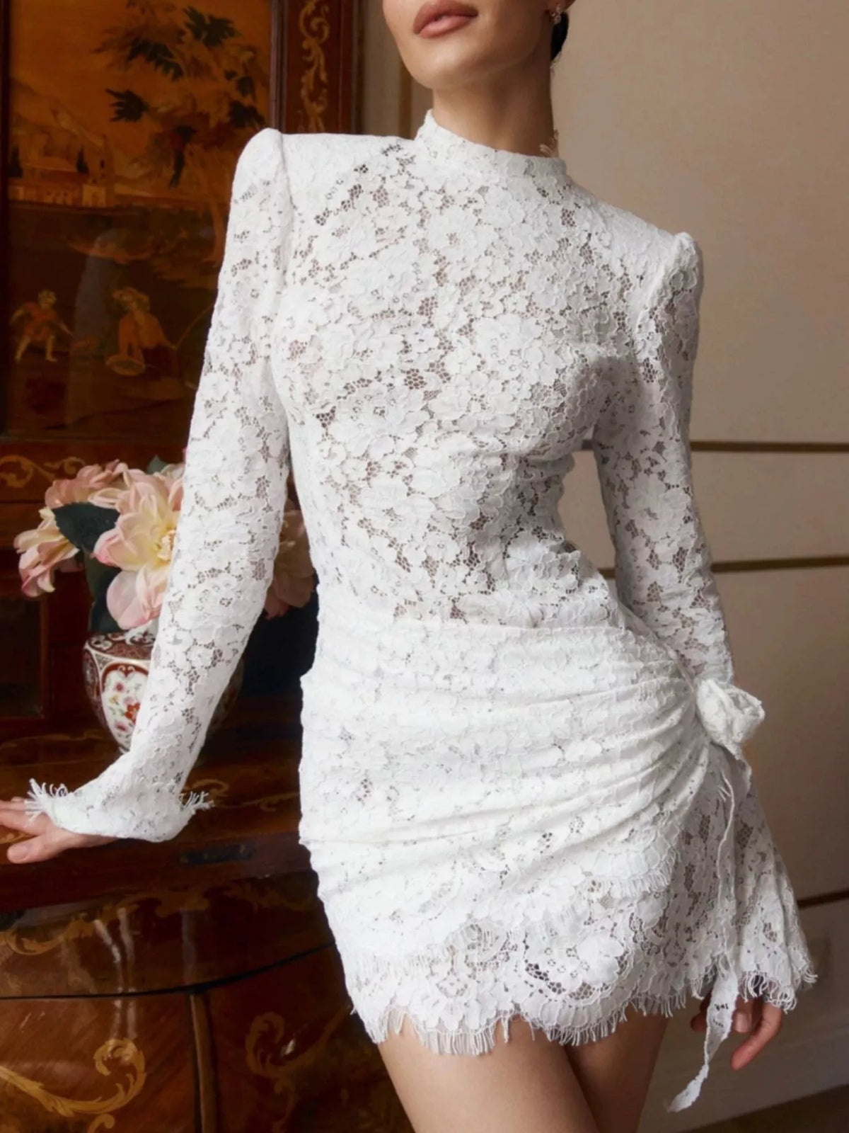Lace Long-Sleeve Ruched Mini Dress in White