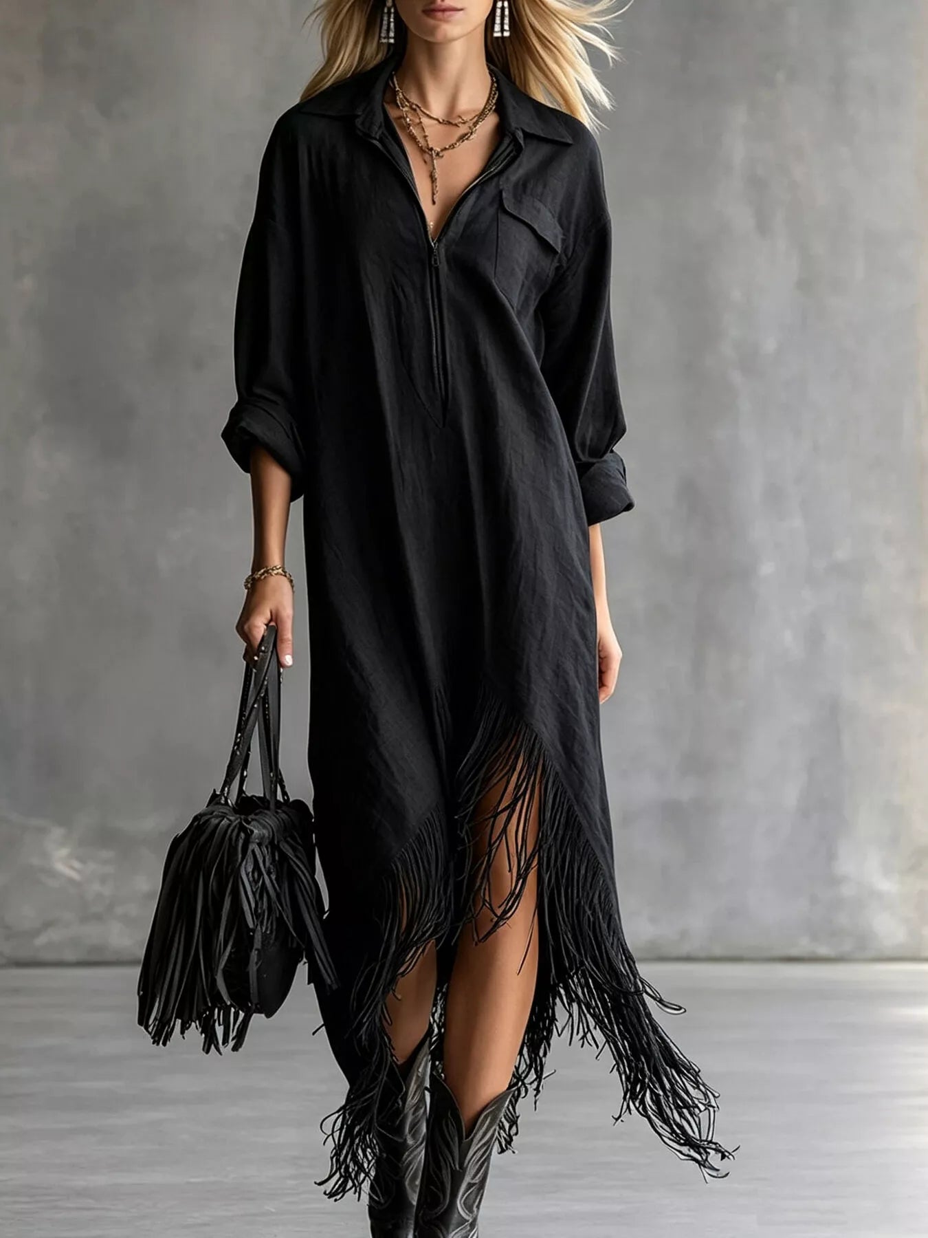 Fringe Hem Zip-Front Shirt Dress