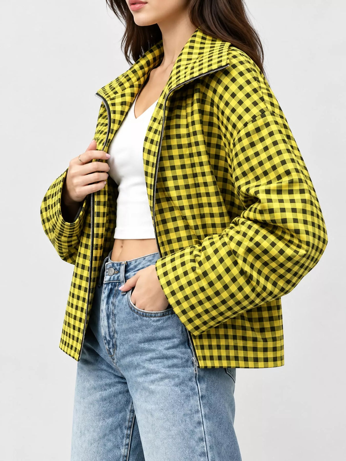 Oversized Plaid Zip-Up Jacket