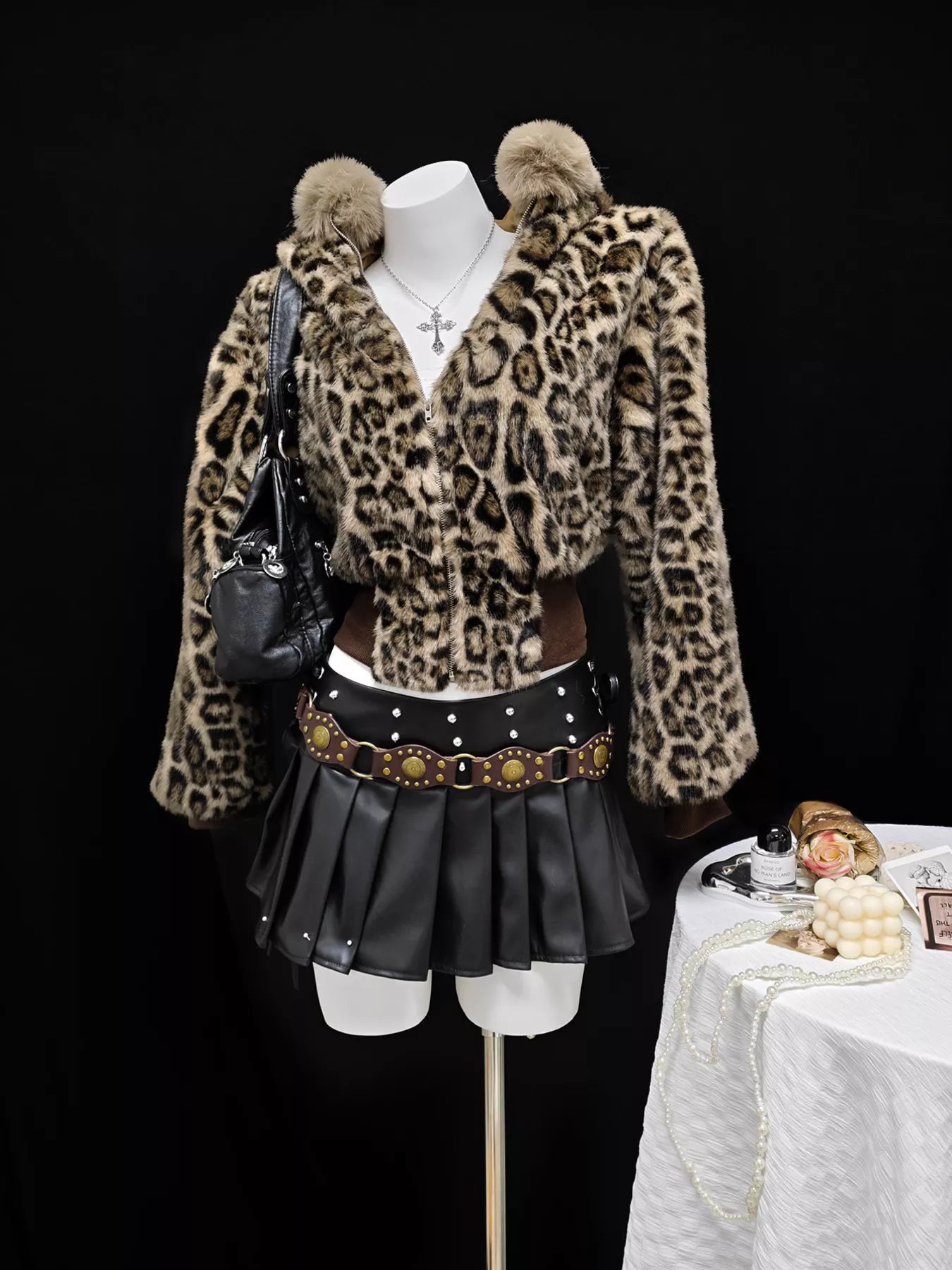 Leopard Faux Fur Hooded Jacket in Brown