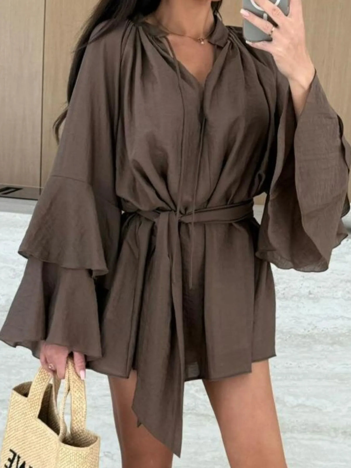 Bell Sleeve Tie-Waist Mini Shirt Dress