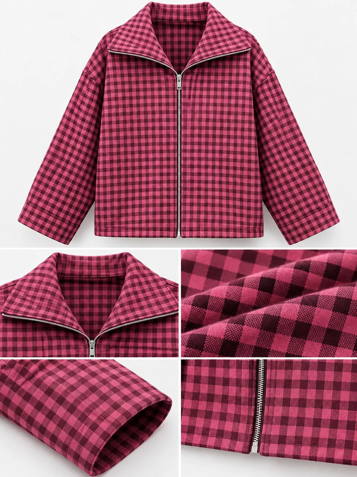 Oversized Plaid Zip-Up Jacket