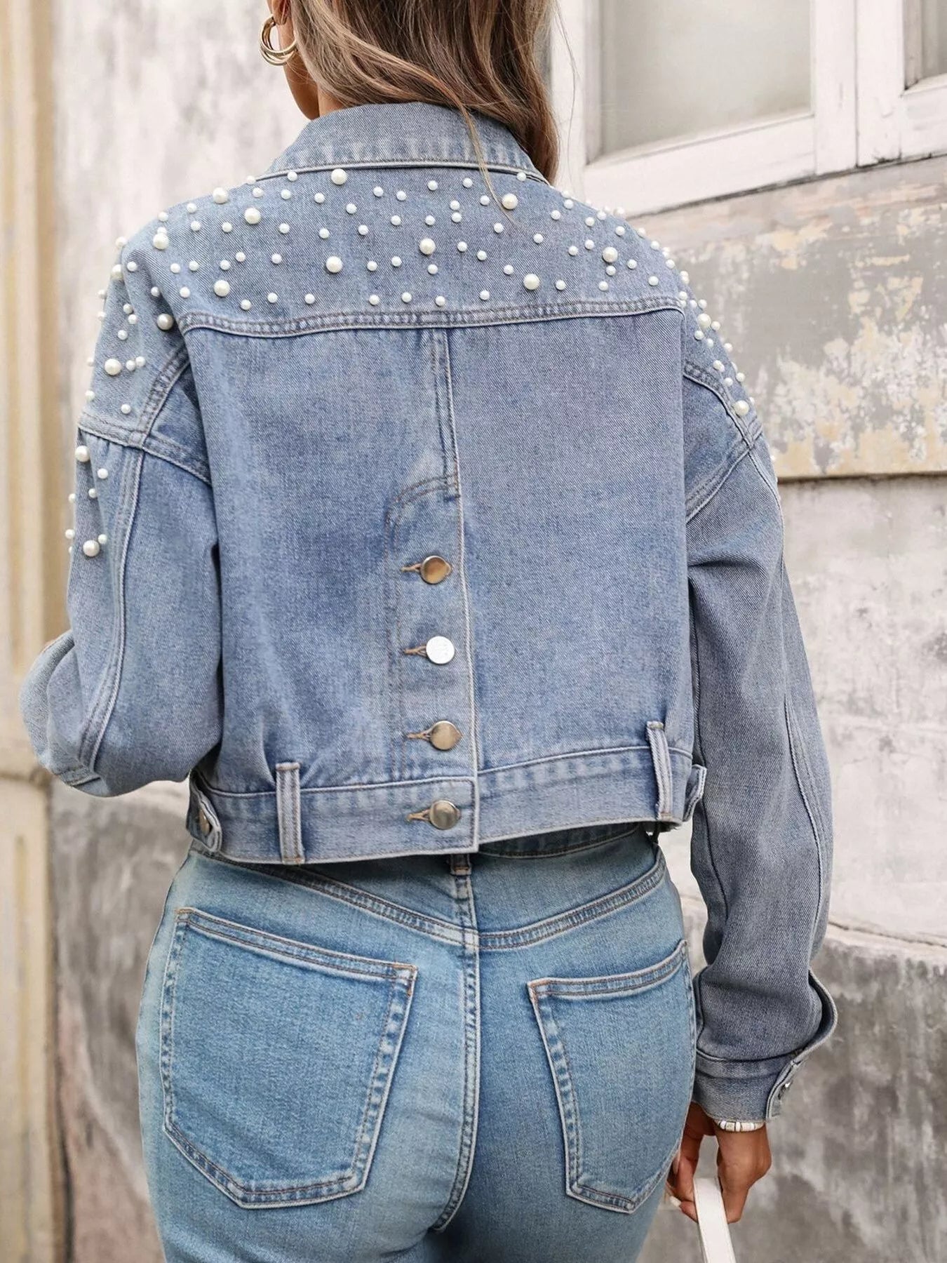 Pearl Embellished Cropped Denim Jacket by Moni Wear
