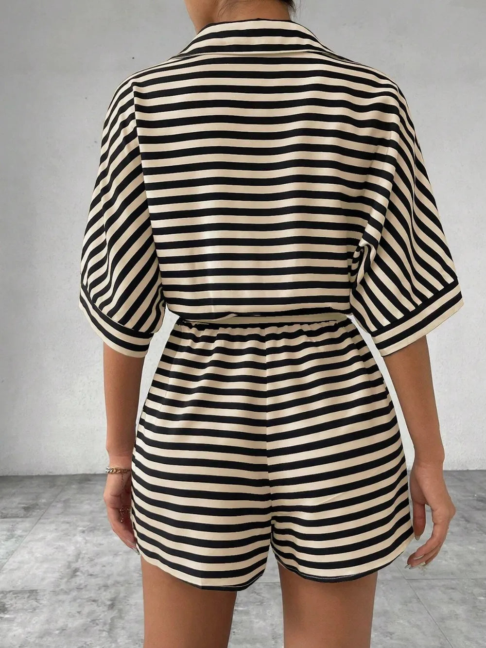 Half-Button Tie Waist Striped Romper