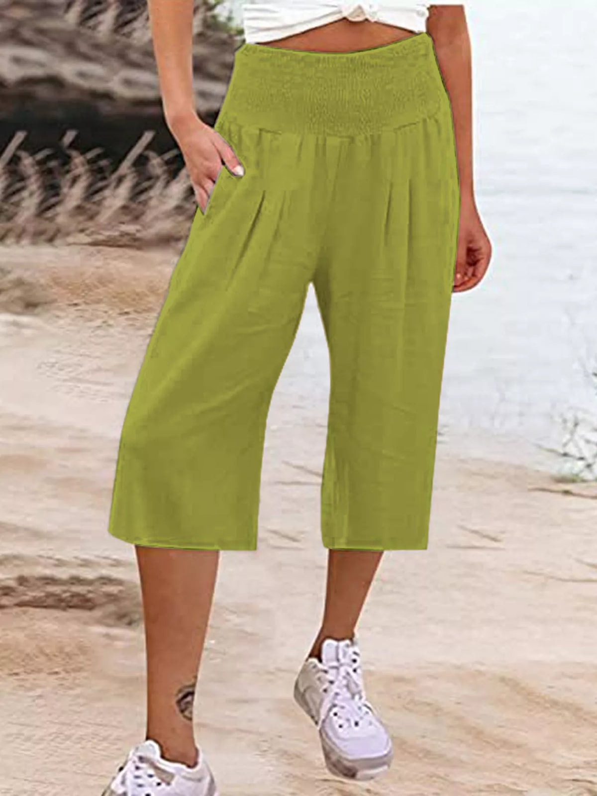 Smocked Wide-Leg Capri Pants