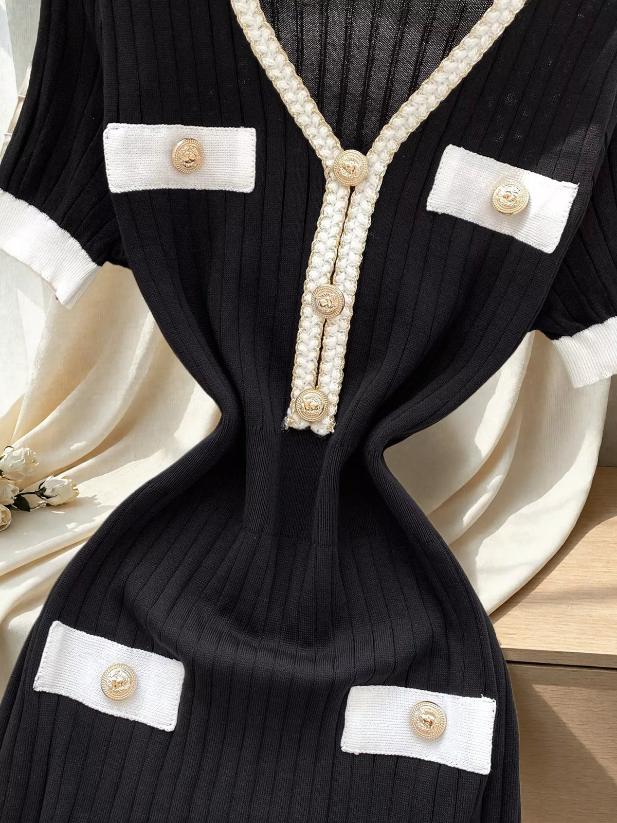 Ruffled Hem V-Neck Ribbed Knit Dress