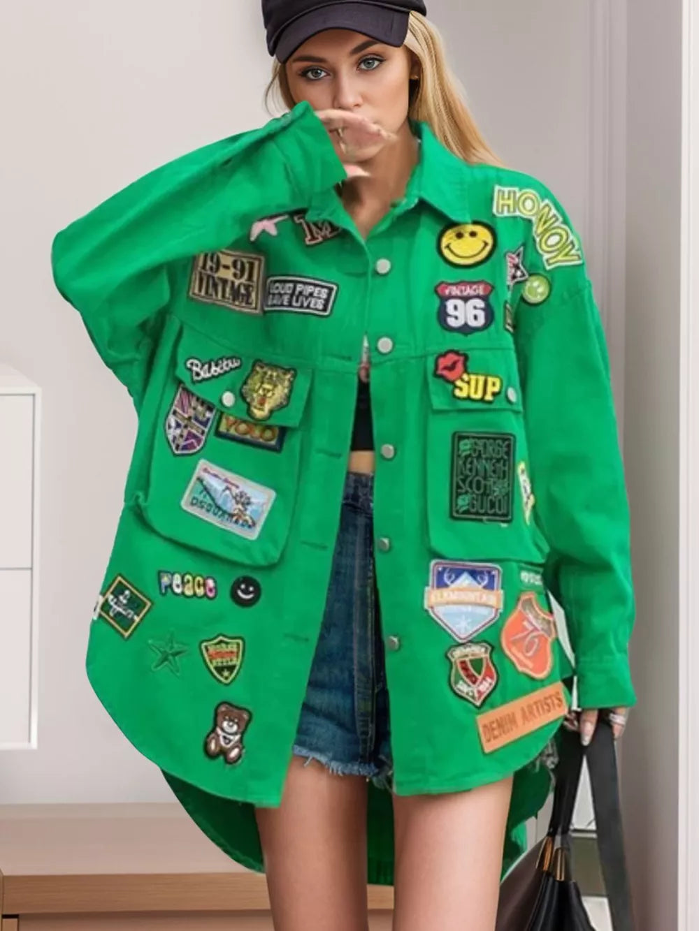 Embroidered Patch Button-Up Denim Jacket