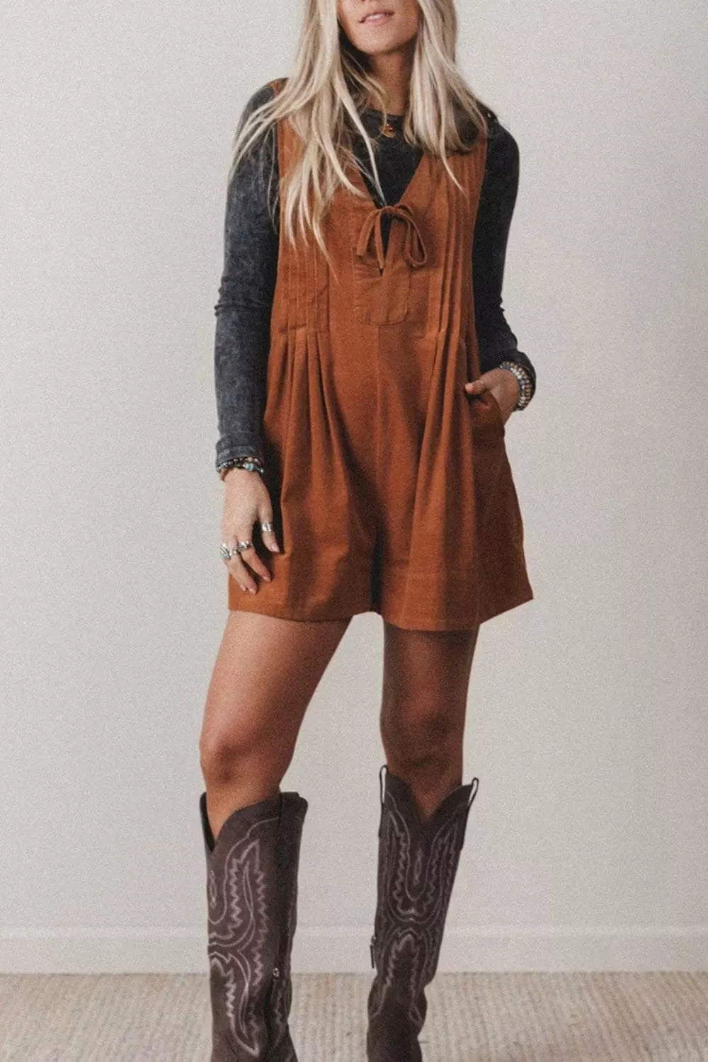 Tie V-Neck Corduroy Romper in Caramel