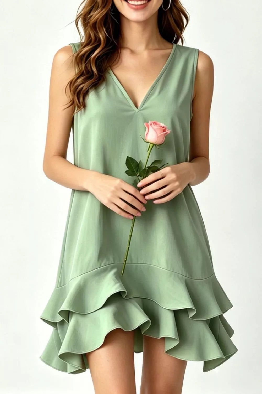 Sleeveless V-Neck Ruffle Hem Mini Dress in Taupe